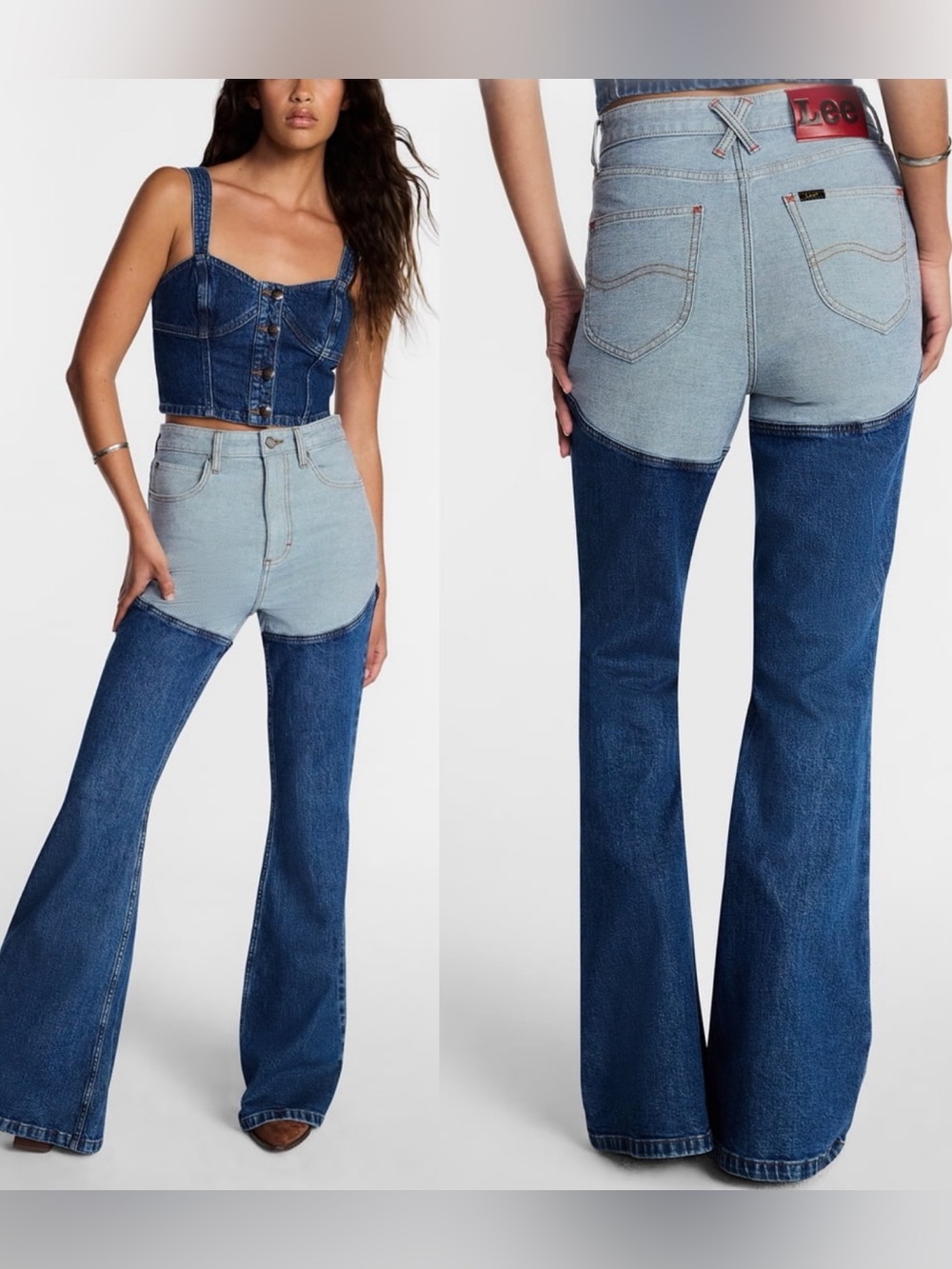 Kacey Musgraves x Lee High Rise Flare Jeans Size 12 Two Tone Colorblock Denim